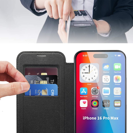 Cu clapetă pentru iPhone 16 Pro Max, RFID Wallet MagSafe CamShield, negru