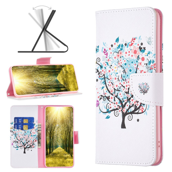 Cu clapetă pentru Samsung Galaxy M34, Wallet, colorful tree, alb