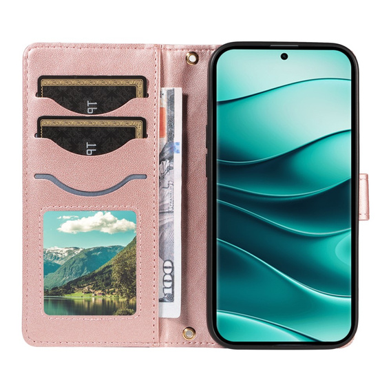 Husă cu clapetă pentru Xiaomi Redmi Note 14 Pro 5G / Xiaomi Redmi Note 14 Pro+ 5G / Xiaomi Poco X7 5G, Rhombus Crossbody Leather, roz rose gold