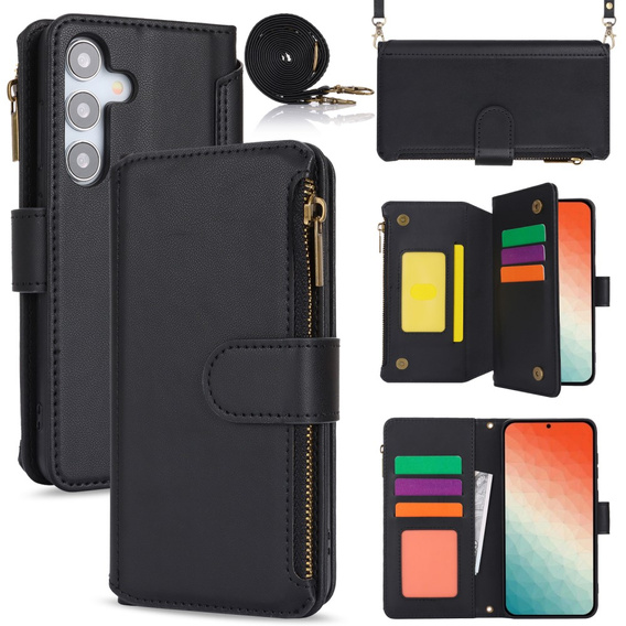 Cu clapetă pentru Samsung Galaxy S24, Wallet Zipper Pocket RFID, cu curea de umăr, negru