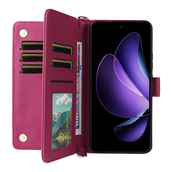 Carcasă cu clapetă pentru Oppo Reno 13F 5G, Crossbody Leather Wallet, maroon