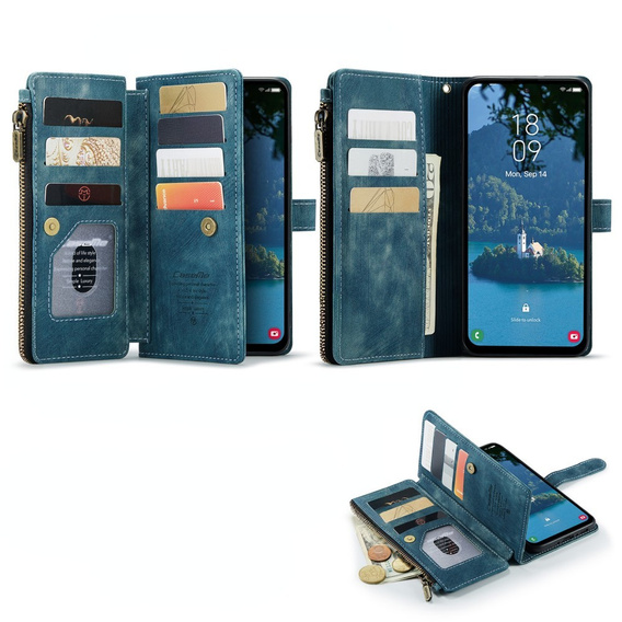 Husa CASEME pentru Samsung Galaxy A56 5G, Leather Wallet Cash and Card Slots, cu curea, albastru
