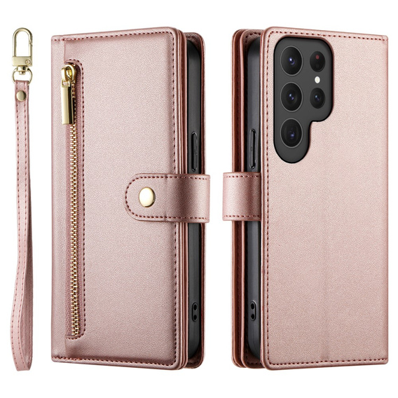 Cu clapetă pentru Samsung Galaxy S25 Ultra, Wallet Zipper Pocket, roz