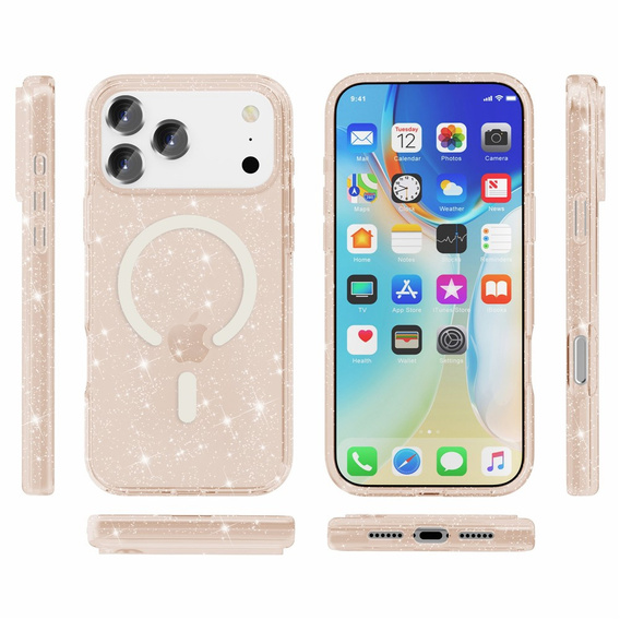 Husă pentru iPhone 17 Pro, pentru MagSafe, glitter, auriu transparent