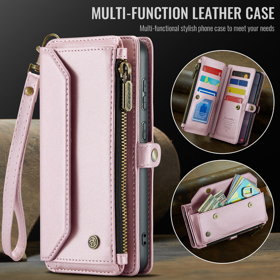 Husă CASEME pentru Samsung Galaxy S25 FE, RFID Leather Wallet, cu curea de umăr, roz