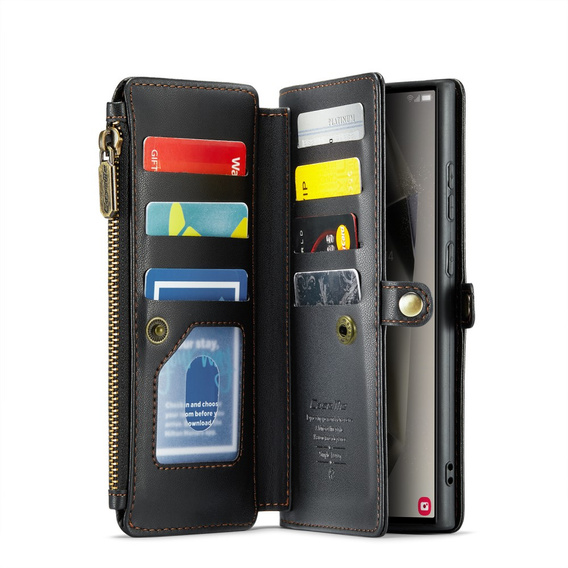 Husă CASEME pentru Samsung Galaxy S25 Ultra, RFID Leather Wallet, cu curea de umăr, negru