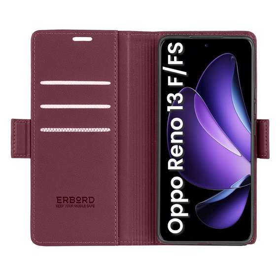 Husă pentru Oppo Reno 13F / Oppo Reno 13FS, ERBORD Glossy Litchi, portofel cu clapetă, roșu