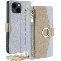 Carcasă flip pentru iPhone 15, Wallet Zipper Pocket, cu oglindă, albastru