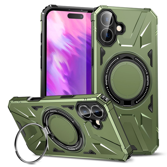 Carcasă pentru iPhone 16, blindată cu suport și placă pentru mâner, verde