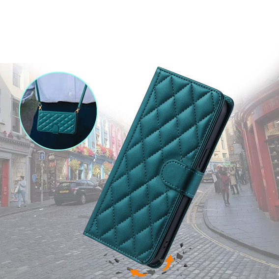 Husă cu clapetă pentru Samsung Galaxy A55 5G, Rhombus Crossbody Leather, verde închis