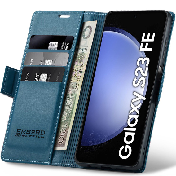 Husă pentru Samsung Galaxy S23 FE, ERBORD Glossy Litchi, portofel cu clapetă, albastru