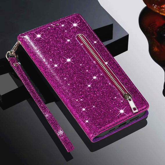 Cu clapetă pentru Samsung Galaxy A36 5G, Wallet Zipper Pocket Glittery, violet