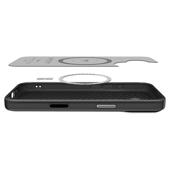 Geantă Spigen Enzo Aramid MagSafe pentru iPhone 17, negru carbon / argintiu