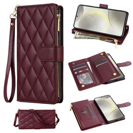 Husă cu clapetă pentru Samsung Galaxy S25 Edge, Rhombus Crossbody Leather, maroon