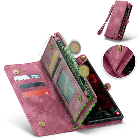 Husă CASEME pentru Samsung Galaxy S25 Ultra, Retro Leather Wallet, cu curea de umăr, roșu