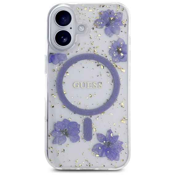 Husă GUESS HC MagSafe din rășină cu flori și sclipici pentru iPhone 16