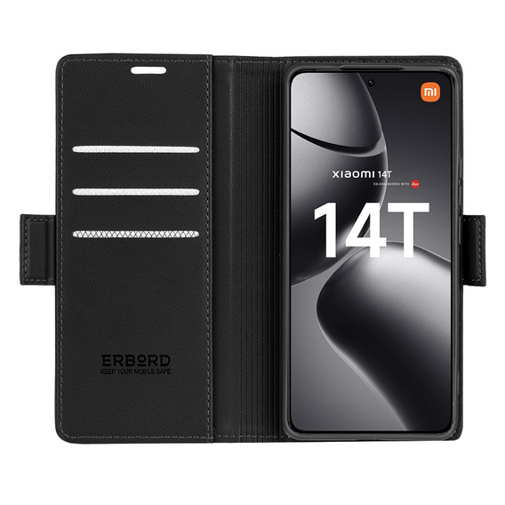 Husă pentru Xiaomi 14T, ERBORD Glossy Litchi, portofel cu clapetă, negru