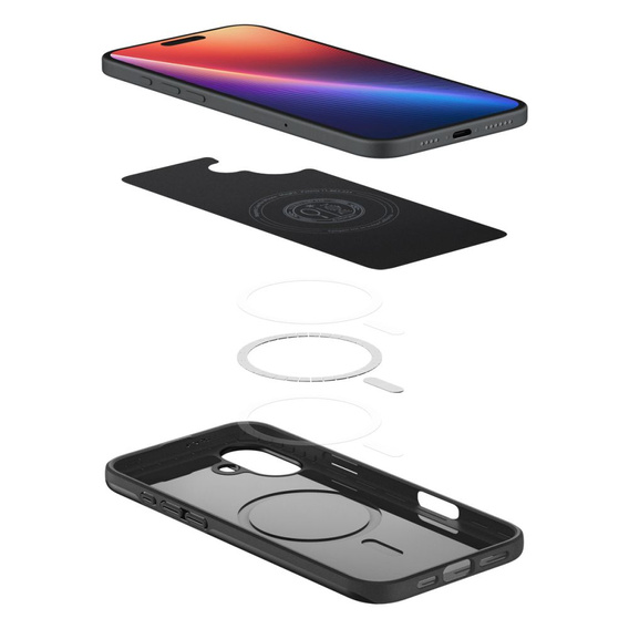 Carcasa Spigen pentru iPhone 16, Thin Fit Mag, negru + sticlă temperată 9H