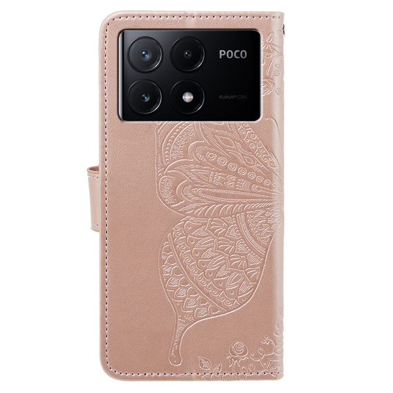 Cu clapetă pentru Xiaomi Poco F6 Pro, Butterfly, roz rose gold