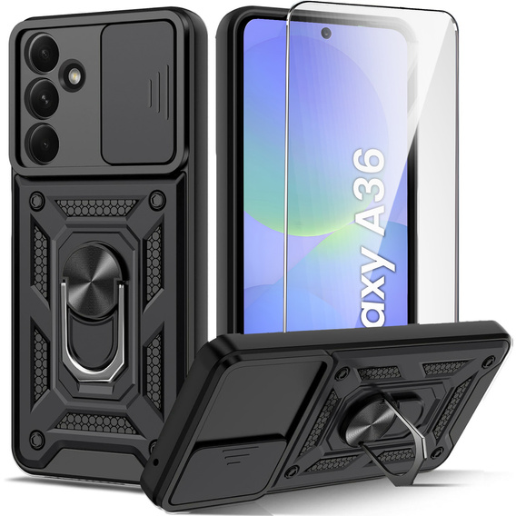 Carcasă blindată pentru Samsung Galaxy A36, CamShield Slide, negru + sticlă călită 9H