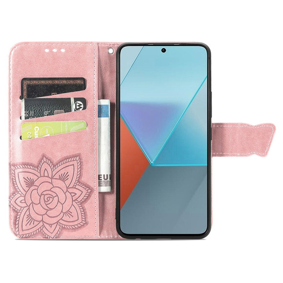 Cu clapetă pentru Xiaomi Redmi Note 13 Pro 5G, Butterfly, roz rose gold