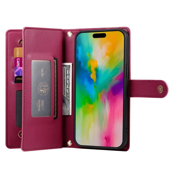 Cu clapetă pentru iPhone 16 Pro, Wallet Zipper Pocket, roșu