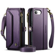Husă CASEME pentru iPhone16e, RFID Leather Wallet, cu curea de umăr, violet