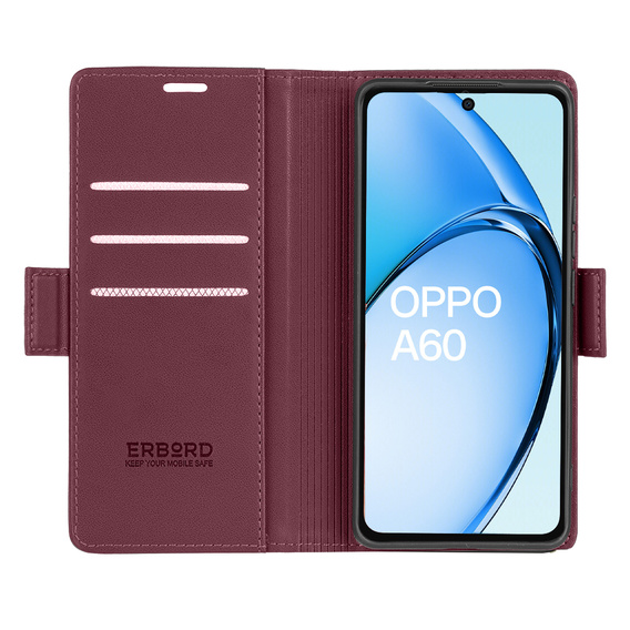 Husă pentru Oppo A60, ERBORD Glossy Litchi, portofel cu clapetă, roșu