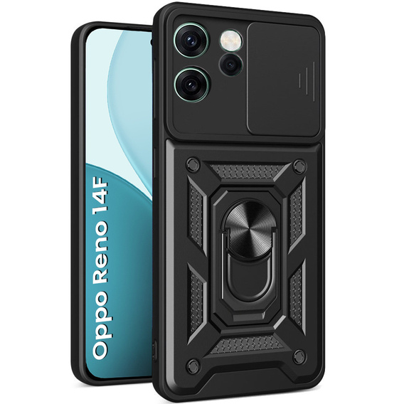 Husă blindată pentru Oppo Reno 14F, cu protecție pentru cameră, cu suport, negru