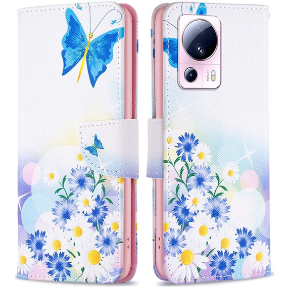 Cu clapetă pentru Xiaomi 13 Lite, Wallet, butterfly and flowers, alb