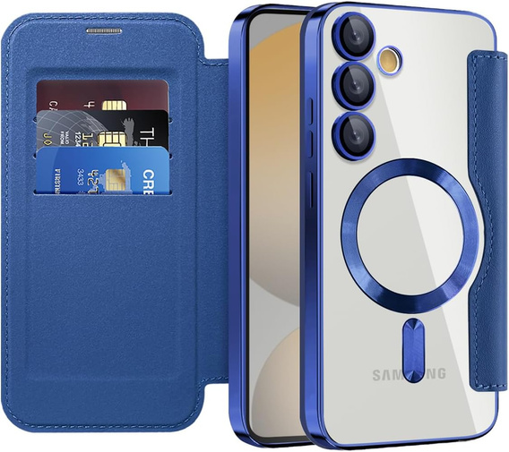 Cu clapetă pentru Samsung Galaxy S25 FE, RFID Wallet MagSafe CamShield, albastru închis