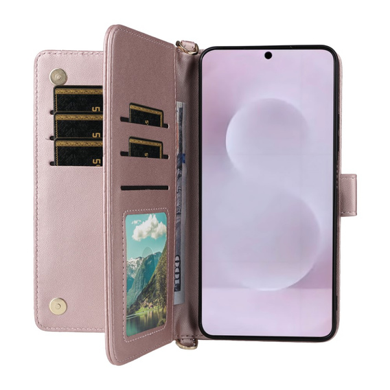 Carcasă cu clapetă pentru Samsung Galaxy S25 Edge, Crossbody Leather Wallet, roz