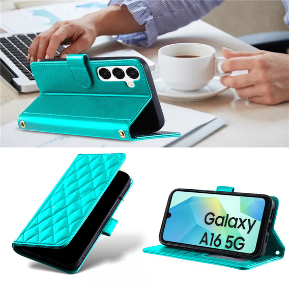 Husă cu clapetă pentru Samsung Galaxy A16, Rhombus Crossbody Leather, verde