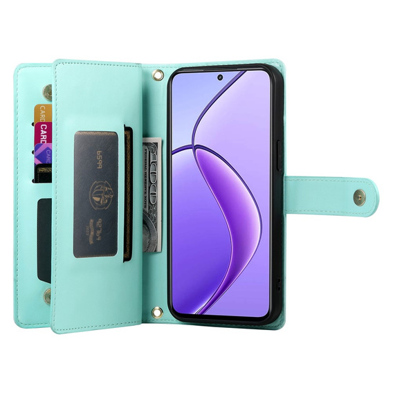 Cu clapetă pentru Realme 14 Pro+ 5G, Wallet Zipper Pocket, de mentă
