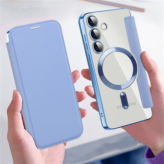 Cu clapetă pentru Samsung Galaxy S24, RFID Wallet MagSafe CamShield, albastru