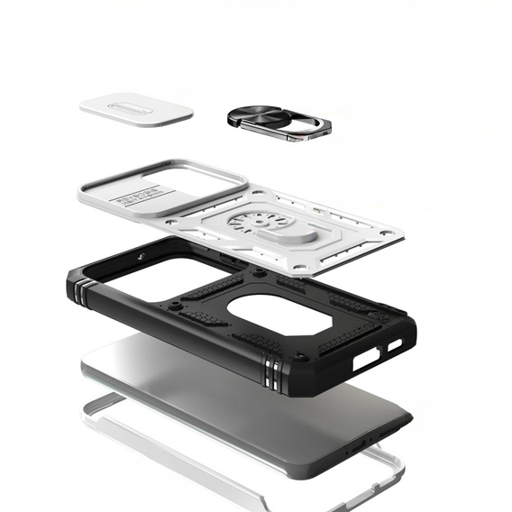 Husă blindată pentru Samsung Galaxy S23, CamShield Slide, alb / negru