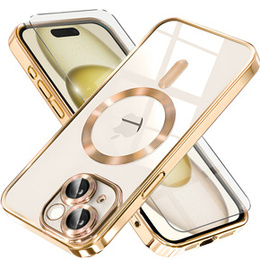 Husă pentru iPhone 15, Electro MagSafe, de aur + Sticlă pentru ecran