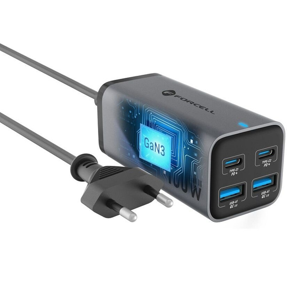 Încărcător de birou FORCELL 2x USB Type-C 2x USB-A 100W 5A GaN PD QC4.0, gri