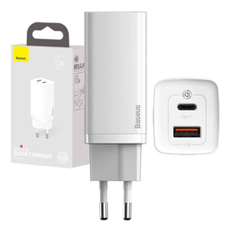 Baseus GaN2 Lite 65 W USB-C + USB-A încărcător de rețea, alb (UE)