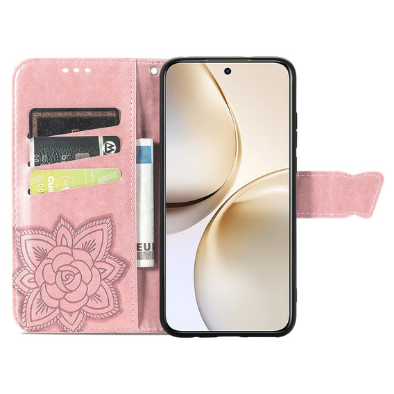 Cu clapetă pentru Realme 14 Pro 5G, Butterfly, roz rose gold