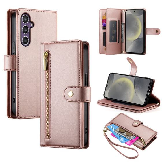 Cu clapetă pentru Samsung Galaxy S25+ Plus, Wallet Zipper Pocket, roz