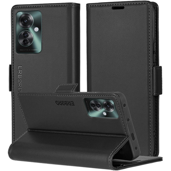 Husă pentru Oppo Reno 11F, ERBORD Glossy Litchi, portofel cu clapetă, negru