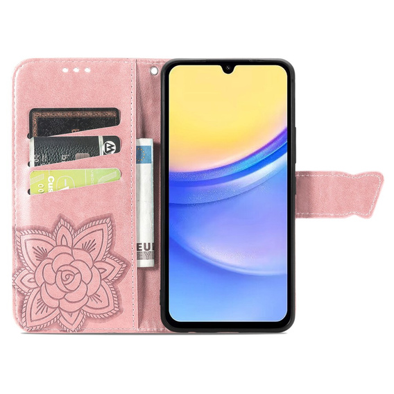 Cu clapetă pentru Samsung Galaxy A15, Butterfly Flower, roz rose gold + sticlă 9H 