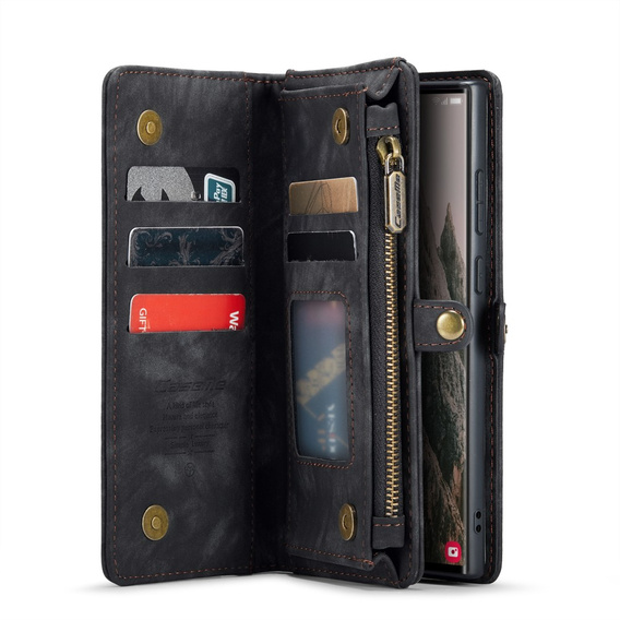 Husă CASEME pentru Samsung Galaxy S25 Ultra, Retro Leather Wallet, cu curea de umăr, negru