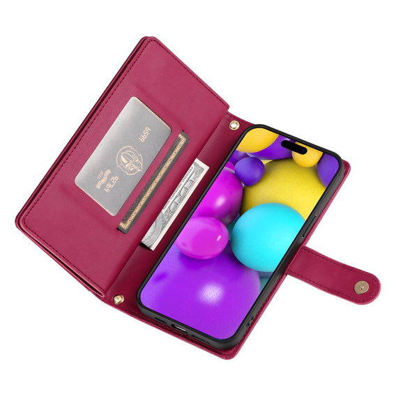 Cu clapetă pentru iPhone 16, Wallet Zipper Pocket, roșu