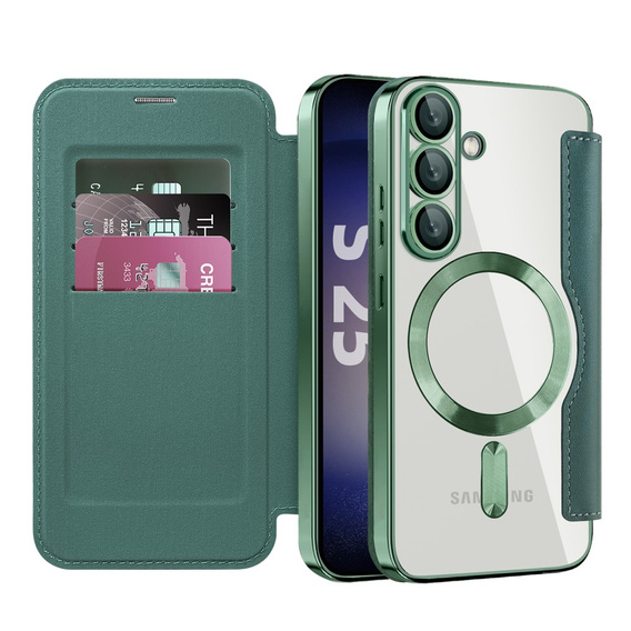 Cu clapetă pentru Samsung Galaxy S25+ Plus, RFID Wallet MagSafe CamShield, verde