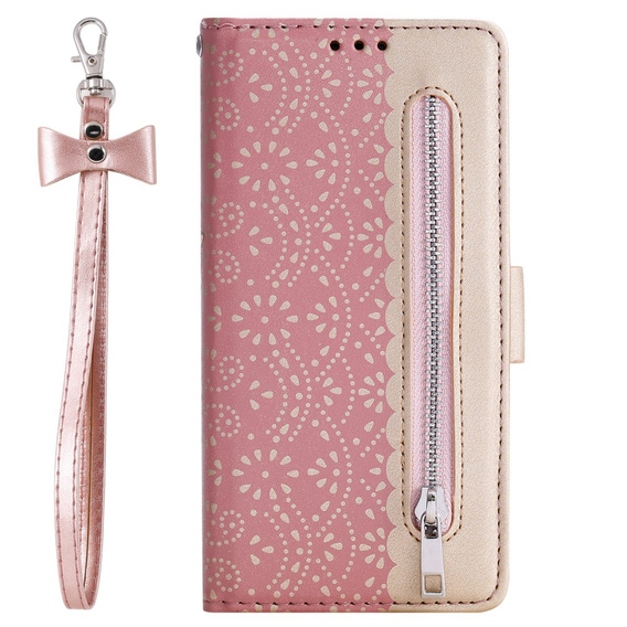 Carcasă cu clapetă pentru Samsung Galaxy A55 5G, Wallet Pocket Zipper Lace, roz