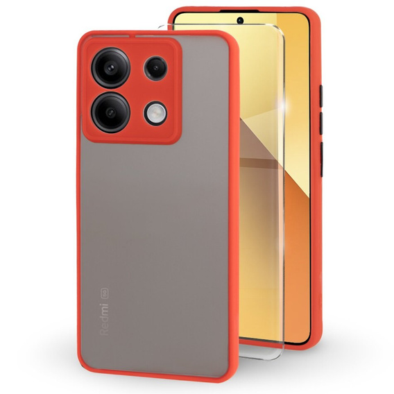 Carcasă din silicon pentru Xiaomi Redmi Note 13 5G, cu protecție pentru camera foto, transparent / roșu + sticlă călită 9H