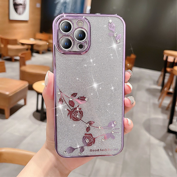 Husă pentru iPhone 13 Pro Max, Glitter Flower, violet