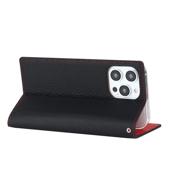 Cu clapetă pentru iPhone 15 Pro, Litchi Skin Grain, negru